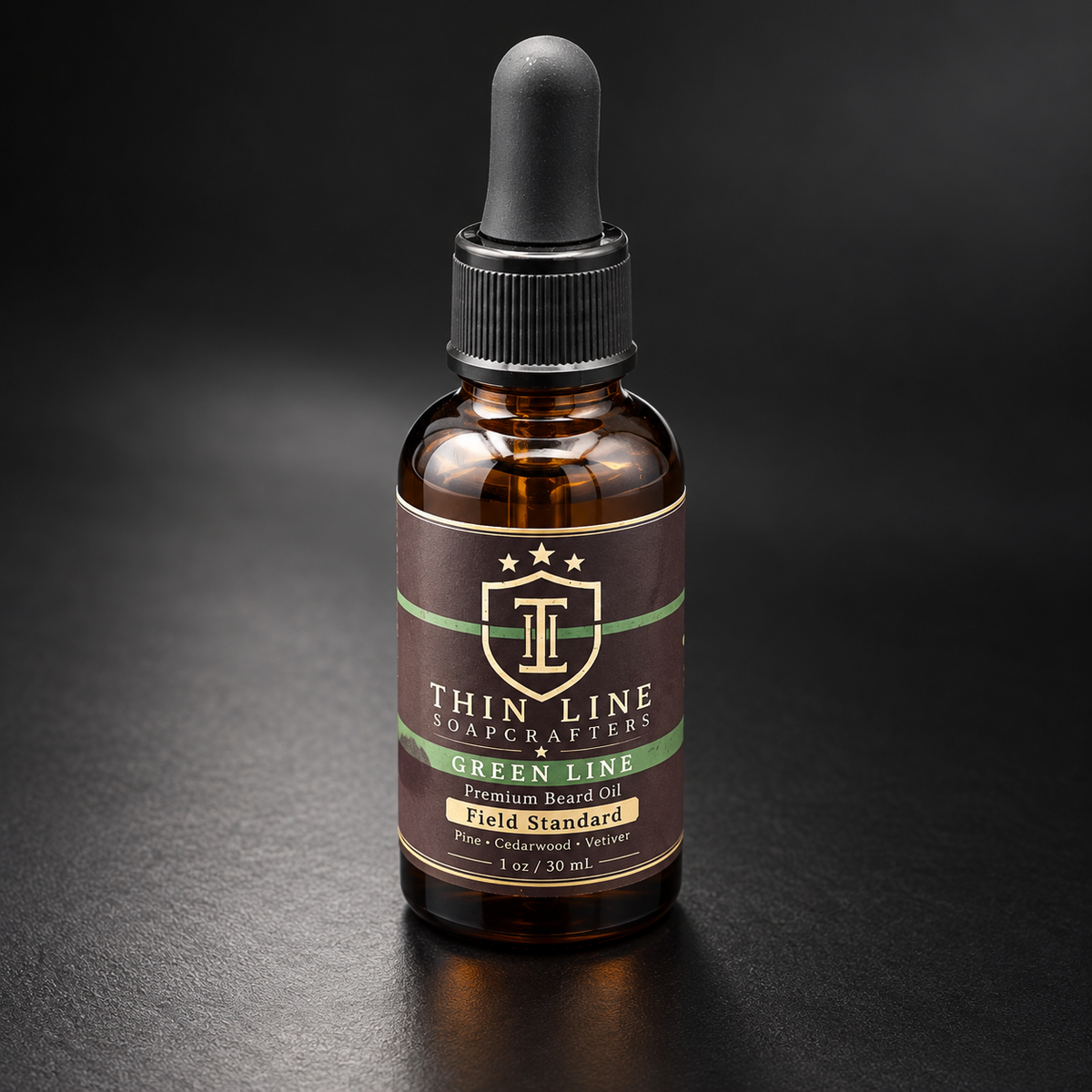 Field Standard Green Line beard oil bottle and dropper