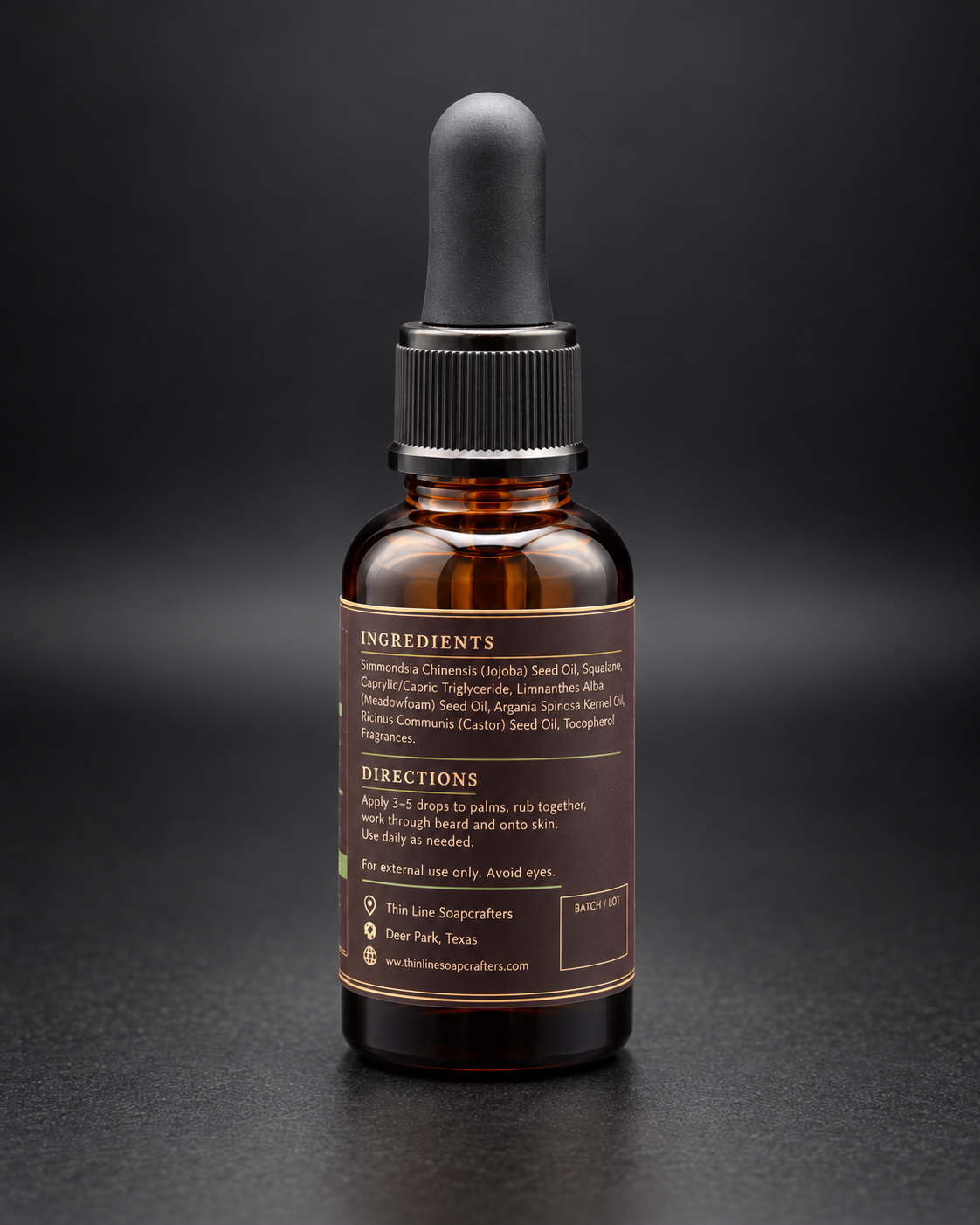Field Standard beard oil back label and ingredients