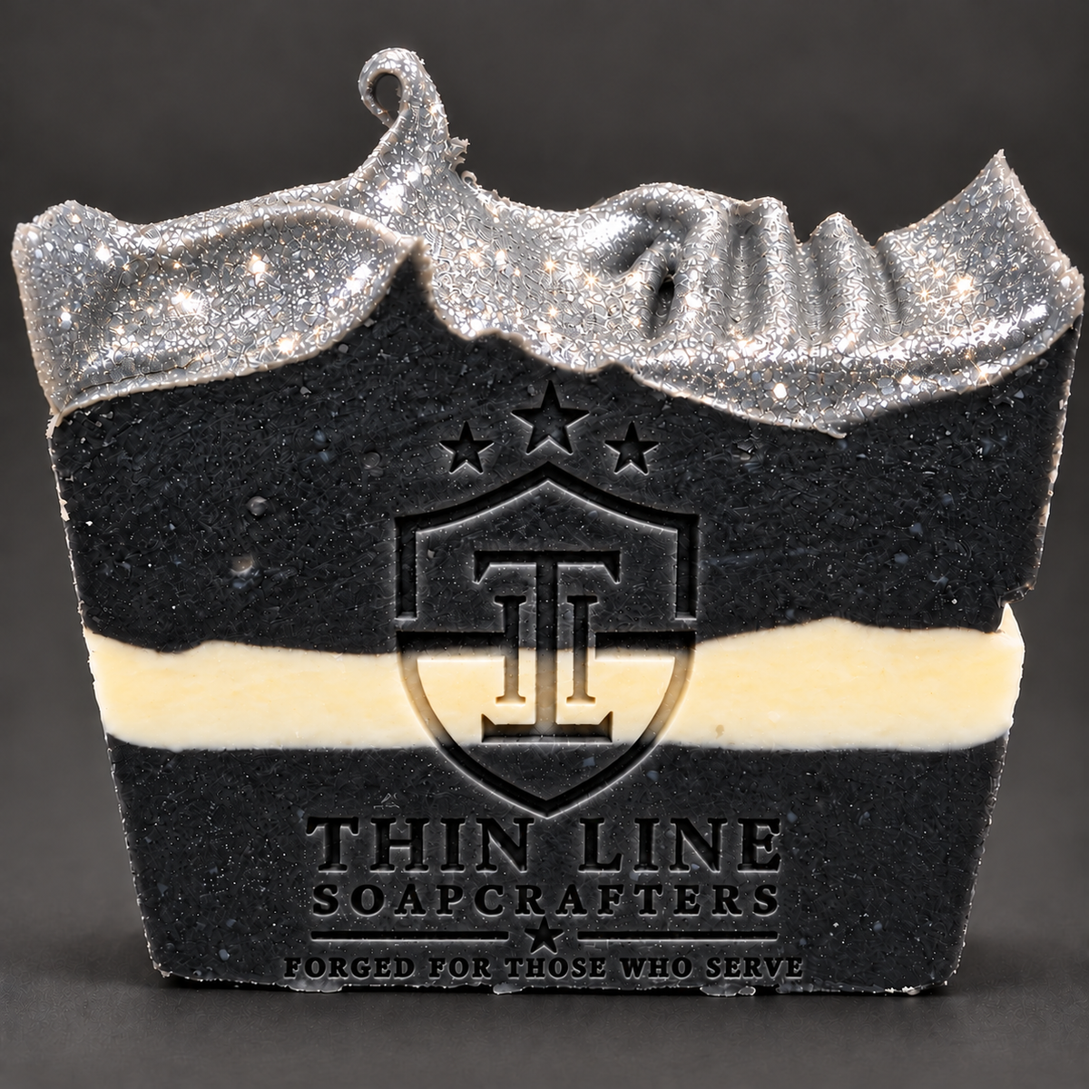 Rescue Shift White Line stamped soap with silver glitter