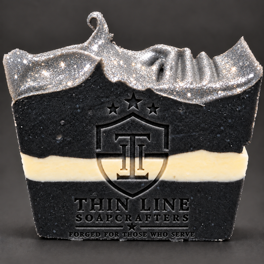 Rescue Shift White Line stamped soap with silver glitter