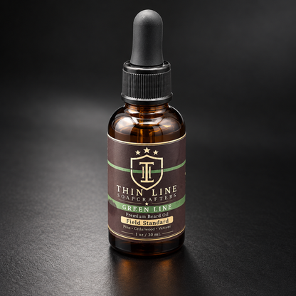 Field Standard Green Line beard oil bottle and dropper
