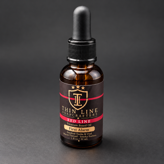 First Alarm Red Line beard oil angled bottle view