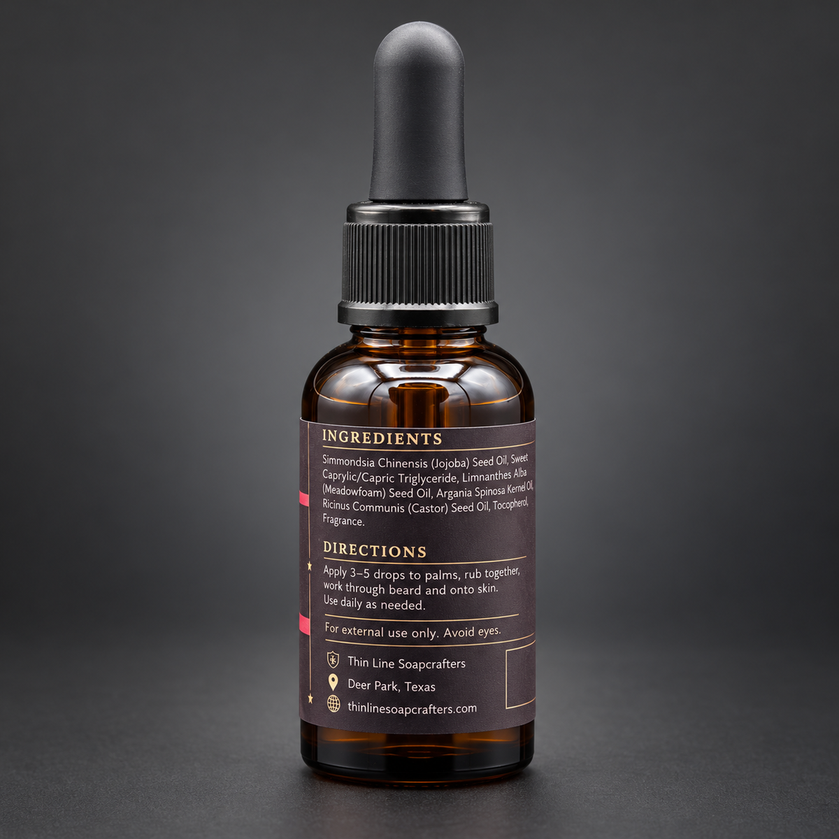 First Alarm beard oil back label and ingredients