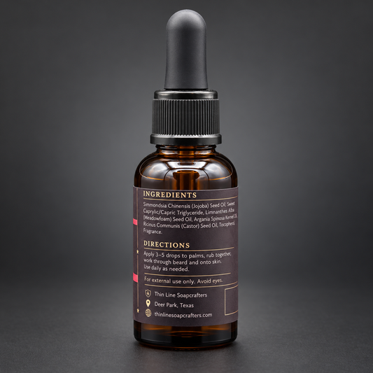 First Alarm beard oil back label and ingredients